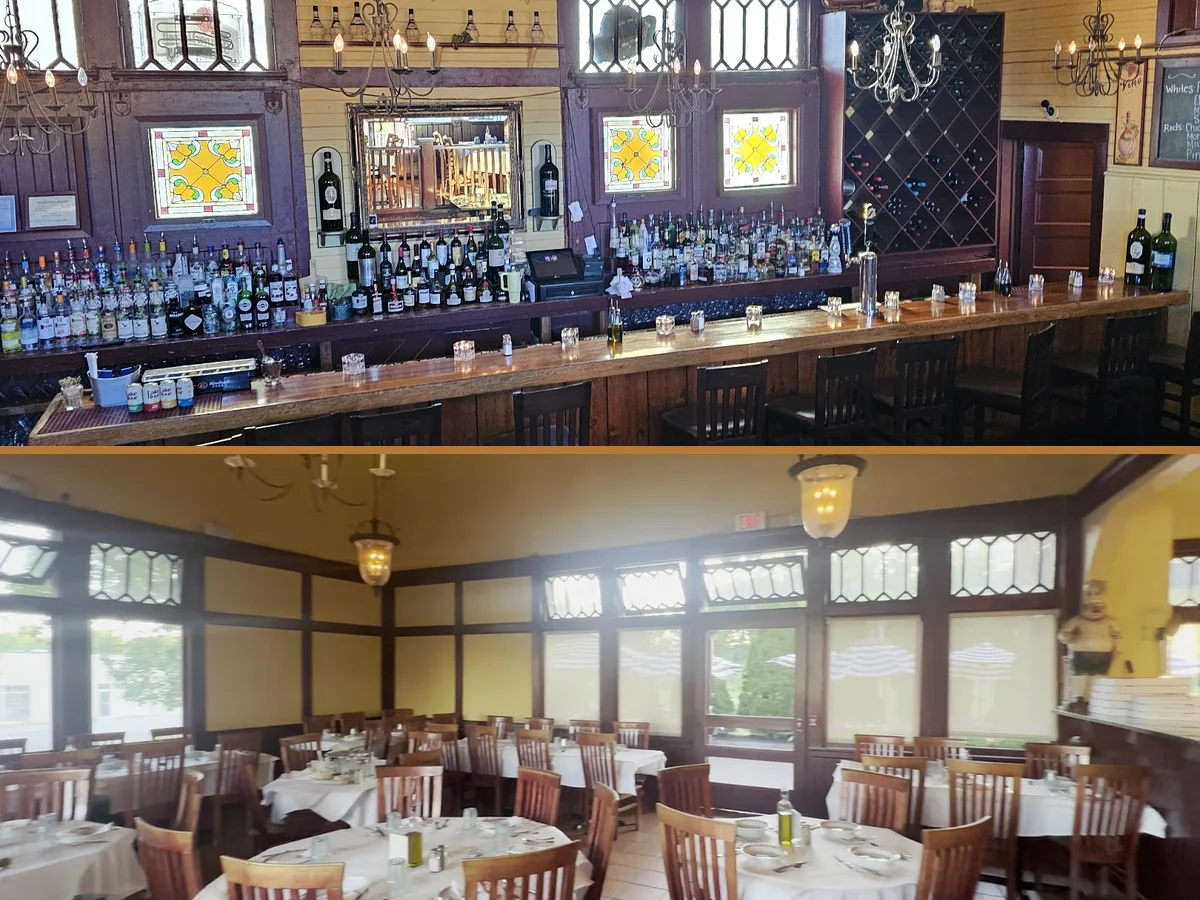 Dining room with tables and warm lighting.