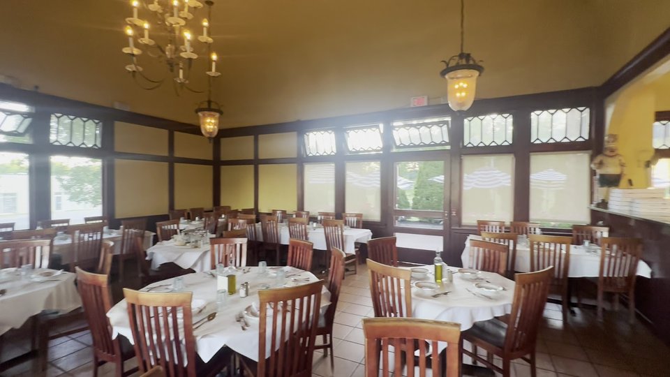 Restaurant interior with simple seating.